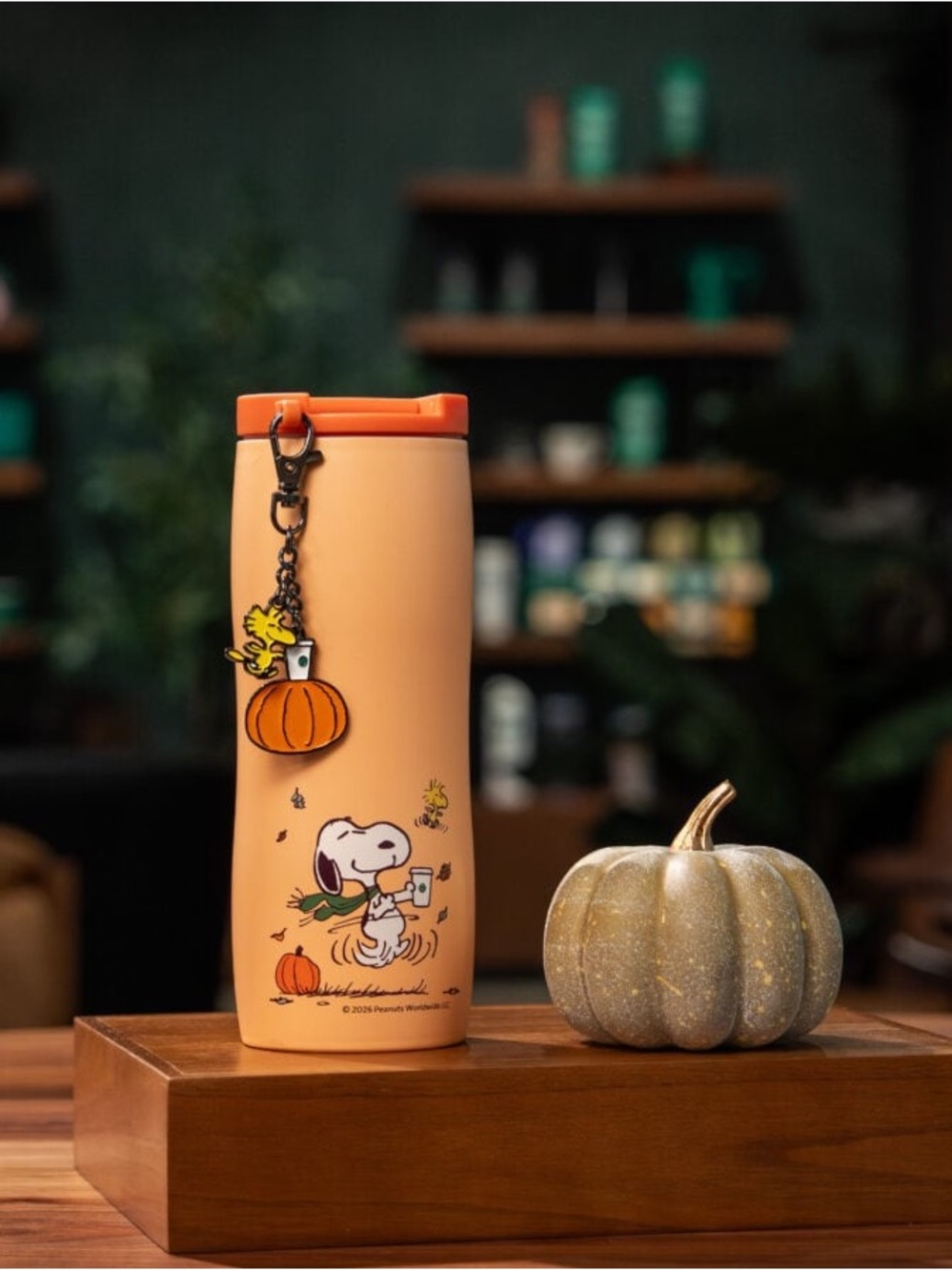 Authentic Starbucks stainless steel tumbler Woodstock and Snoopy charm